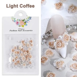 3D Flower Nail Charms Coffee Rose Nail Charm Gradient Rose Flower Nail Art Charms with Nail Pearls Beads Flower Charms for Nails Design Spring Nail Decorations Floral Nail Jewels for Nail Art Supplies