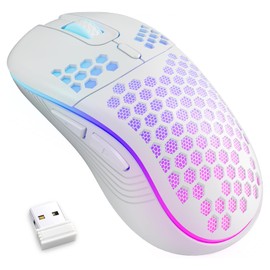 Wireless Gaming Mouse Honeycomb 2.4G USB Cordless Mouse RGB Rechargeable PC Game Mice with 7-Color LED Lights，3 Adjustable DPI for Windows Laptop Desktop Computers -White