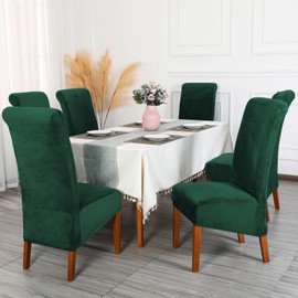 CMAKER Velvet Dining Chair Covers, Stretch Large Chair Slipcover, Spandex High Back Chairs Cover Elastic Washable Removable XL Chair Protector,Set of ２,Dark Green