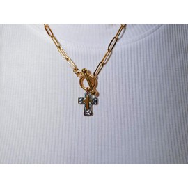 MQV Chunky Statement Gold Hammered Bold Two Tone Cross Necklace Thick Chain Vintage Layered Chain Pendant Paperclip Snake Choker Stacks Jewelry (two tone silver cross paperclip)