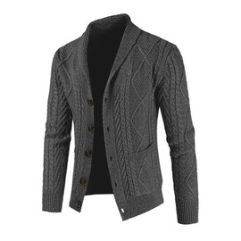 JMIERR Mens Sweater Fall Casual Long Sleeve Shawl Collar Button-Down Wool Blend Cable Knit Cardigan Sweaters with Pockets,S,Dark Grey