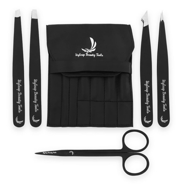 Eyebrow Precision Tweezers Set with Small Ear Nose Scissors - Facial Hair Plucking Straight Pointed Slant 4 Piece Tweezers with Leather Travel Bag