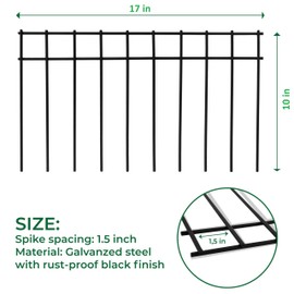 17”x10” (10 Pack) No Dig Animal Barrier Fence with 1.5inch Spike Spacing, 4 Gauge Black Powder Coated Steel - Underground Decorative Dog Fence Ground Stakes for Outdoor Garden Yard Patio