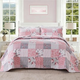 Oversized King Size Quilt Set 128x120 Pink Grey Floral Plaid Patchwork Extra Wide Super King Size Comforter Rversible Quilted Bedspread Coverlet Set 3-Piece Bedding Set Bed Cover with 2 Pillow Shams