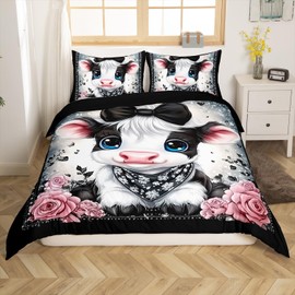 Feelyou Kids Cute Highland Cow Duvet Cover Queen Size Bowknot Highland Cattle Bedding Set Boys Girls Flowers Floral Pattern Comforter Cover Set Western Farmhouse Animal Bedspread Cover（No Comforter