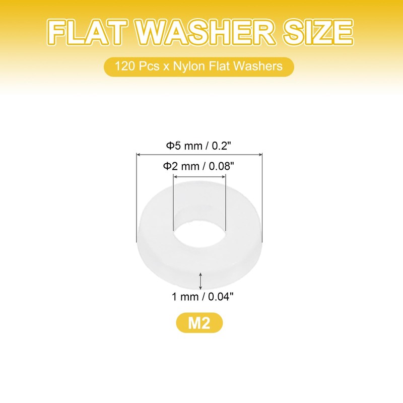 PATIKIL M2 Nylon Flat Washers, 120 Pcs 2mm ID 5mm