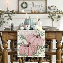 Artoid Mode Pink Pumpkins Eucalyptus Fall Table Runner, Seasonal Autumn Thanksgiving Kitchen Dining Table Decoration for Home Party Decor 13x36 Inch