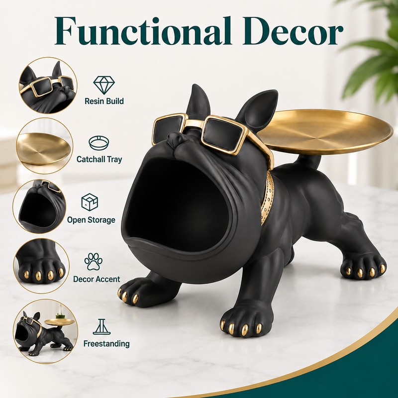 Bulldog Decorative Storage Tray Statue – 11.8-Inch Resin Dog Figurine