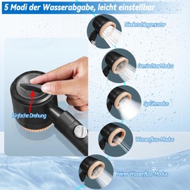 Massage Shower, Hand Shower with Purifying Massage Function, Water Saving Shower Head, Water Saving Shower Head with 1.5 m Hose and 2 Filters, 5 Spout Moulds (Metallic Grey)