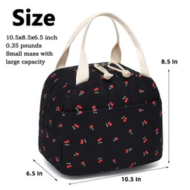 Corduroy Lunch Box for Women Girls, Lunch Tote Bags Reusable Insulated Cooler Lunchbag Large Capacity Lunchbox for Work Travel Picnic (Cherry Black)