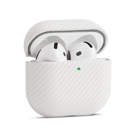 Haobobro Leather Case for AirPods 4 & AirPods 4 with Active Noise Cancellation - Handmade Case, Selected Skin-Friendly Leather, with Carbon Fibre Texture, Wireless Charging Compatible - White