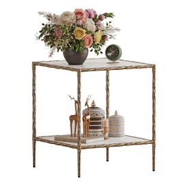 20" Square Sintered Stone End Table, Modern Marble Look Side Table with Open Storage Shelves, Accent Table with Antique Brass Gold Frame for Living Room, Bedroom