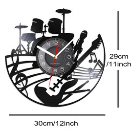 Timethink 12 Inch Guitar and Drum Kit LED Vinyl Record Wall Clock with 7 Colors Changing Non-Ticking, Modern Rock N Roll Instrument Night Light Wall Clock Drummer Gifts for Men Guitarist Music Lovers
