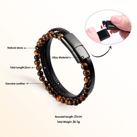 Dochais Men's Bracelet, Stainless Steel Genuine Leather Bracelet, Jesus Christ Crucifix Cross Bracelet, Natural Stone Braided Bracelet with Magnetic Clasp, Jewellery Gifts for Men, Stainless Steel