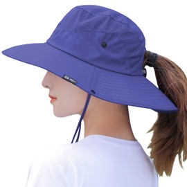 Sombrero plegable de malla de ala ancha para mujer, con agujero para cola de caballo, marino, Talla única