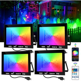 CREPOW RGB LED Flood Light Outdoor 1000W Equivalent, 100W Bluetooth RGBCW Smart Floodlights 2700K, 16 Million Color Changing, Timing, Music Sync, IP66 Waterproof Landscape Light with US Plug (4 Pack)