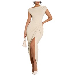 Floerns Women's Elegant Long Dress Asymmetrical Off Shoulder Ruched Slit Bodycon Cocktail Dresses Apricot Large