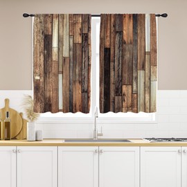 EGLGCC Wooden Kitchen Curtains 27.5W x 39L Inch Small Mini Brown Rustic Country Farmhouse Style Floor Plank Wood Print Rod Pocket Short Curtain Tiers for Cafe Window Drapes Treatment Fabric 2 Panels