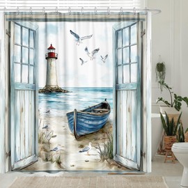 Coastal Beach Shower Curtain, Nautical Lighthouse Sailboat Ocean Seaside Seascape Shower Curtain Set, Rustic Barn Door Seashore Fabric Boho Shower Curtain for Bathroom 12 Hooks, 72"×72" Turquoise Teal