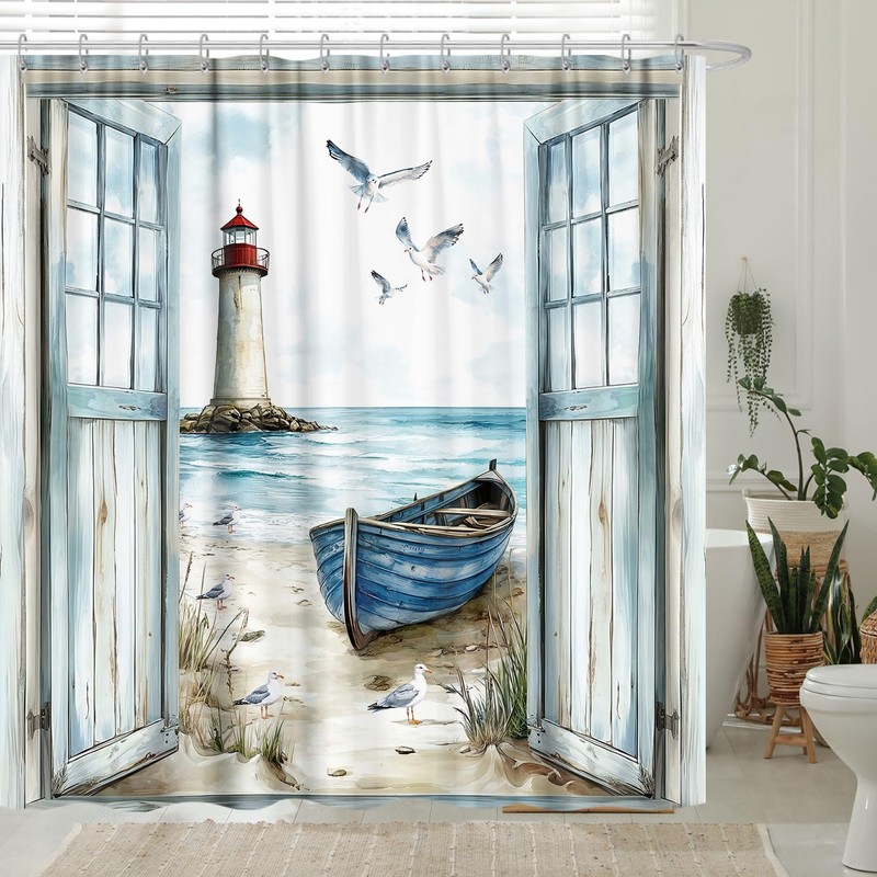 Coastal Beach Shower Curtain, Nautical Lighthouse Sailboat Ocean Seaside Seascape