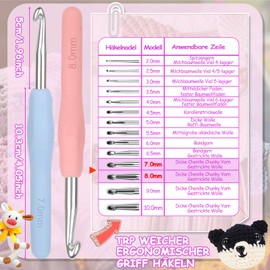 Aeeque 7.0 mm, 8.0 mm Crochet Hook, 2 Pieces Crochet Hook Set, Aluminium Crochet Hooks with Rubber Handle, Lightweight TPR Crochet Hooks for Arthritis, Colourful Crochet Hook Metal for Crochet Scarf,