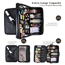 Costravio Makeup Bag Organizer Large Makeup Case Backpack Professional 2 Layers Cosmetic Storage Organizer Brush Slot with 3 Clear Set Bags for Makeup Artists with Shoulder Strap Adjustable Dividers