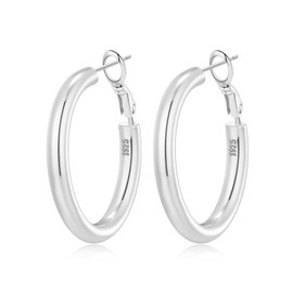 MOROTOLE Sterling Silver Post Thick Hoop Earrings for Women - 14k Gold-Plated Hoops Lightweight Hypoallergenic Hollow Tube Chunky Hoop Earrings Gold & Silver 30 mm/40 mm/50 mm, Silver, No Gemstone