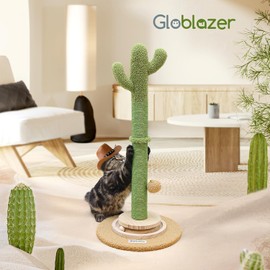 Globlazer SC30 Tall Scratching Post for Cats, 30in Cactus Cat Scratching Post Cat Scratcher Cute Sisal Large Cat Scratching Post with Modern Wooden Ball Tracking Interactive Toys