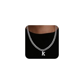 HIMSTORY Letter K Necklace for Men, Silver Intial Pendant Necklace Diamond Cut 6MM Cuban Link Chain Initial Necklace for Men
