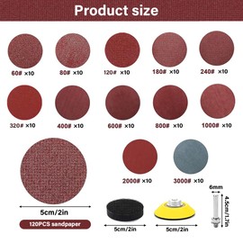 JaneYi Pack of 120 Sandpaper Velcro 50 mm Sanding Discs Round Grit 60 80 120 180 240 320 400 600 800 1000 2000 3000 Polishing Pad Adapter Sanding Attachment for Cordless Screwdriver Drill