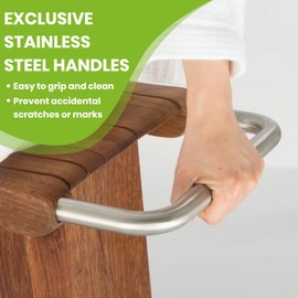 Teak Shower Bench with Stainless Steel Handles, 15” Waterproof Luxury Teak Shower Stool with Shelf, Compact Fit for Small Bathrooms, Easy Assembly Support 300 lbs