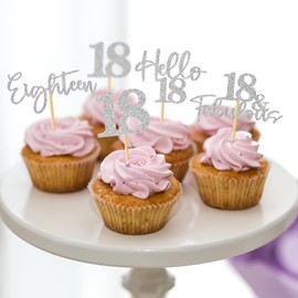 48 decoraciones para cupcakes de 18 cumpleaños Hello18 con purpurina y 18 fabulosas decoraciones para tartas de 18 años de edad para niños y niñas, suministros de decoración de tartas para fiestas de cumpleaños 18, color plateado