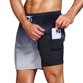 HMIYA Men's 2-in-1 Swimming Trunks, Quick-Drying Short Board Shorts with Compression and Zip Pockets, Colour gradient black grey