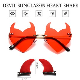 Goth Horns Heart Sunglasses for Women Rimless 90s Punk Heart Glasses Trendy for Party Festival colored Sunglasses
