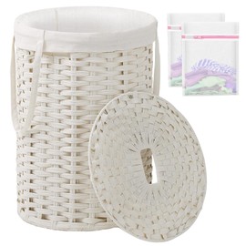 SETVSON Laundry Hamper with Lid Laundry Basket with Lid 19.0 Gal (72 L) Round Wicker Laundry Basket Handwoven Rattan Basket with Lid Removable Bag 2 Mesh Bags Handles for Living Room Bathroom White