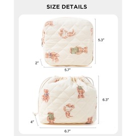LETGO Cute Makeup Bag,Quilted Cosmetic Bag,Small Make Up Bag for Women,Cotton Drawstring Makeup Bag Set,Coquette Aesthetic Toiletry Bag Travel Make Up Organizer Case (Cute Bear)