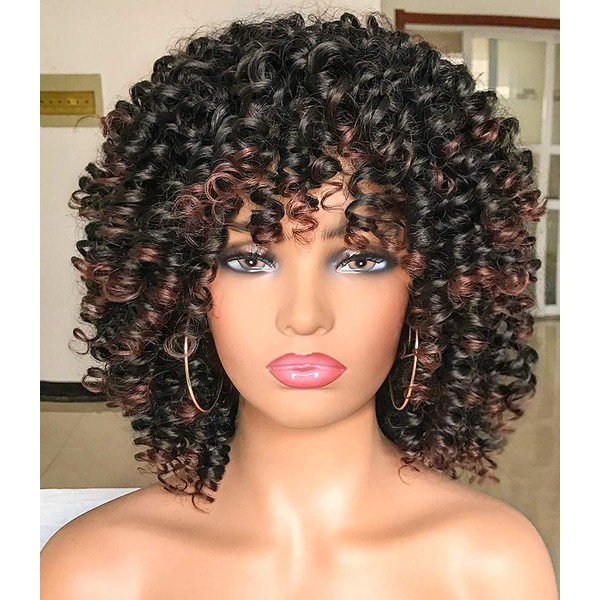 ANNIVIA Curly Afro Wig with Bangs Short Kinky Curly Wigs for Black Women Synthetic Fiber Soft Hair Short Curly Afro Wig (Black Ombre Brown)