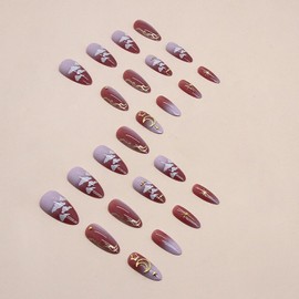 French Tip Press on nails Medium Leangth Artifical Acrylic Fake Nails Gold Stars Moon Clouds Design Almond False Nails Pink Purple Gradient Full Cover Glossy Coffin Nails Glue on Nails for Women