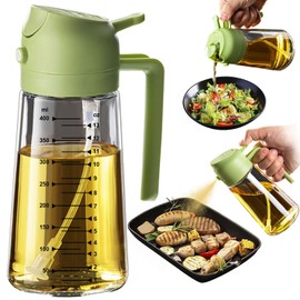 TrendPlain 16oz/470ml Glass Olive Oil Sprayer for Cooking – 2 in 1 Olive Oil Dispenser Bottle for Kitchen Gadgets and Air Fryer Accessories, Salad, BBQ - Green