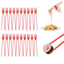 FDKYOEK 20 PCS Chopstick Fork, Plastic Chopsticks Fork Combo for Beginners, Training Chopstick for Adults, Disposable Forkchops Chopsticks for Outdoor Camping Picnic, Red