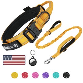 AUBELL Tactical Dog Collar and Leash Set, Adjustable Military Nylon Reflective Dog Leash and Collar with Handle and Heavy Metal Buckle for Medium Large Dogs, with Airtag Case and 2 Patches(Yellow, XL)