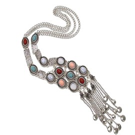 BOLERPE Turquoise Long Boho Bohemian Statement Ethnic Tribal Necklace for Women Vintage Retro Rhinestone (Silver)