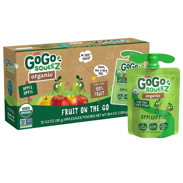 GoGo squeeZ Organic Applesauce, Apple Apple, 3.2 Ounce (12 Pouches), Gluten Free, Vegan Friendly, Unsweetened Applesauce, Recloseable, BPA Free Pouches