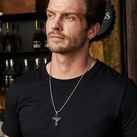 HUKKUN St Michael Pendant for Men Sterling Silver Obsidian Archangel Michael Catholic Cross Saint Michael Necklace Christain Religious Jewelry Gift for Men