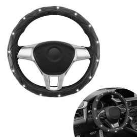 BJSIA Diamond Leather Steering Wheel Cover for Women and Girls, Universal Car Steering Wheel Protector with Anti-Slip Soft Interior Accessories(Black)
