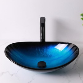 Lordear Glass Vessel Sink Bathroom Sink 21" Boat Shaped Artistic Vessel Sink Black Blue Tempered Glass Oval Vessel Sink with Black Faucet and Pop Up Drain Above Counter Sink for Bathroom
