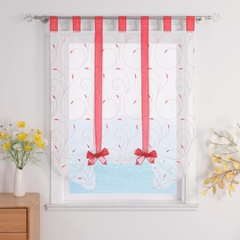 ESLIR Roman Blind with Loops, Roman Curtains, Kitchen Tie Curtain, Transparent Tab-Top Blind, Curtains with Embroidery, Modern Voile, Red, W x H 100 x 140 cm, Pack of 1