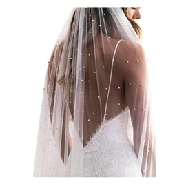 ELAWBTY 1 Tier Pearl Fingertip Length Wedding Bridal Veil With Metal Comb White F55