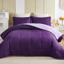 Exclusivo Mezcla Lightweight Summer Reversible Queen Size Comforter Set, Down Alternative Comforter with 2 Pillow Sham, Queen Size Bedding Set for All Seasons, Deep Purple/Lilac