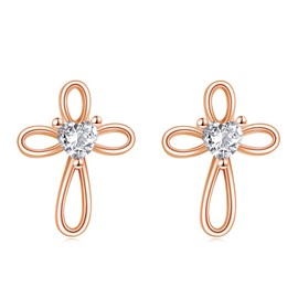 VONALA Cross Earrings 925 Sterling Silver Rose Gold Heart Cross Stud Earrings Religious Christian Baptism Jewelry First Communion Day Gifts for Women